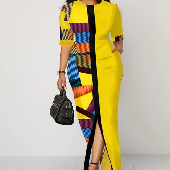 Geometric print half sleeve yellow maxi dress. - Picture 3 of 12